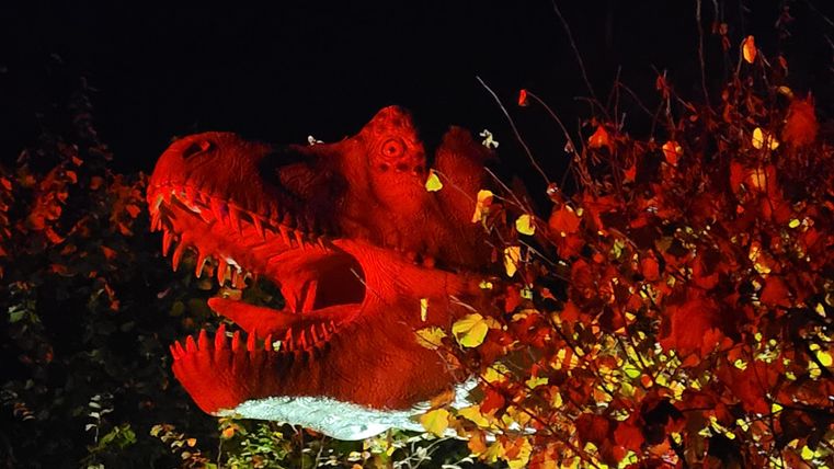 A plastic dinosaur head glows red in the dark. Colorful leaves and light accents are visible around it.