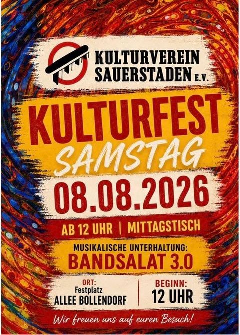 Une affiche colorée pour un festival culturel proposant diverses manifestations. Les dates et les activités sont clairement indiquées, notamment un concert de rock et un déjeuner.