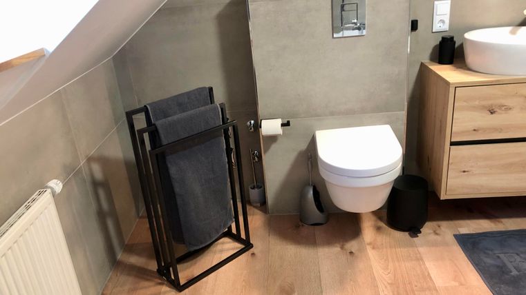 Ein modernes Badezimmer mit minimalistischer Einrichtung. Auf dem Boden liegen Holzdielen, und es gibt eine Toilette sowie einen Waschtisch.