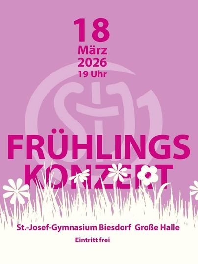 Ein fröhliches Frühlingskonzert mit bunten Blumen im Hintergrund. Die Veranstaltung findet am 26. März 2025 um 19 Uhr im St. Josef-Gymnasium Biesdorf statt.