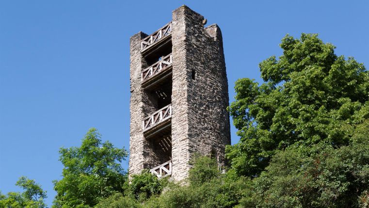 Ein historischer Steinturm, umgeben von Bäumen und grünem Gebüsch. Der Himmel ist klar und blau.