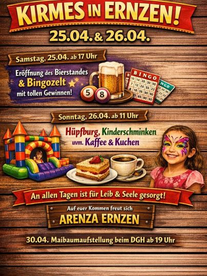 Ein Plakat für die Ernzener Kirmes 2025 mit Informationen zu Veranstaltungen und Aktivitäten. Es zeigt ein fröhliches Design mit einem bunten Hintergrund und Illustrationen.