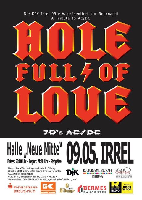 Une affiche pour un concert hommage à AC/DC intitulé "Hole Full of Love". L'événement aura lieu le 17 mai 2025 dans la salle "Neue Mitte" à Irrel.
