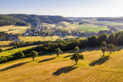 Eine malerische Landschaft mit sanften Hügeln und weitläufigen Feldern. Im Hintergrund ist ein kleines Dorf und Wälder zu sehen.