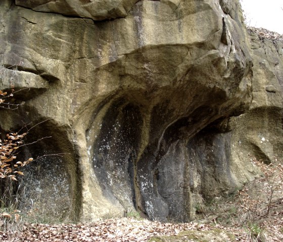 Felsformation mit erodierten Strukturen in den historischen M&uuml;hlsteinbr&uuml;chen am Ferschweiler Plateau, umgeben von Laub und Vegetation., &copy; Felsenland S&uuml;deifel Tourismus GmbH