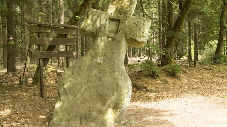 Ein großer, moosbedeckter Stein in Form eines Kreuzes steht im Wald. Neben dem Stein befindet sich ein hölzernes Schild.