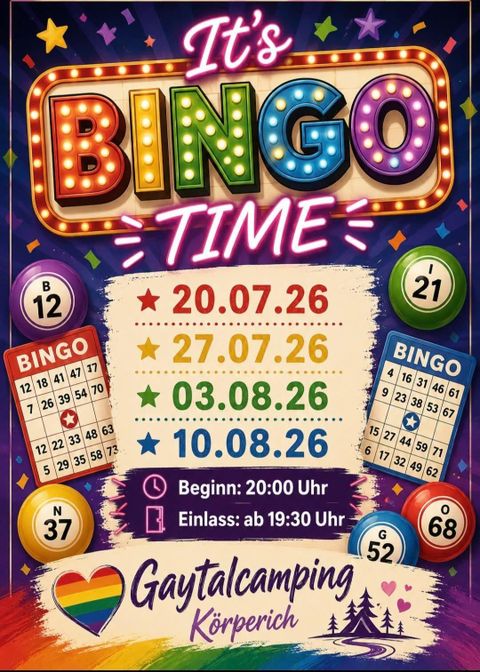 Une affiche colorée pour une partie de bingo. Elle indique la date et les horaires de l'événement qui se tiendra à la Gaytalthalle du camping Körperich.