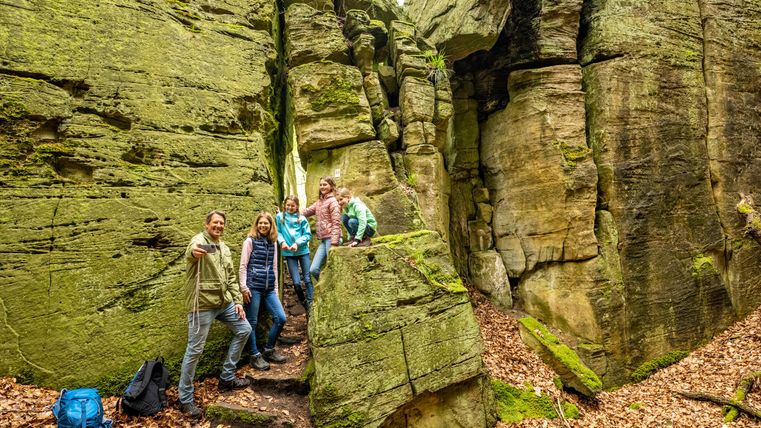 Eine Gruppe von Wanderern steht in einer beeindruckenden Felslandschaft. Die grünen Felsen sind von Moos bedeckt und umgeben von herbstlichem Laub.