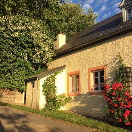 Ein charmantes Haus mit blühenden Pflanzen und bunten Fenstern. Umgeben von grünen Bäumen und einem klaren Himmel.