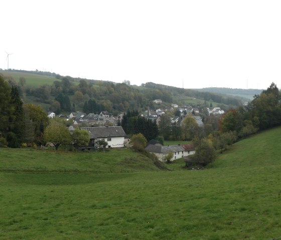 Groene weiden en bomen omringen het dorp Mettendorf. Op de heuvels op de achtergrond zijn windturbines te zien., © Felsenland Südeifel Tourismus GmbH, Christian Calonec-Rauchfuss