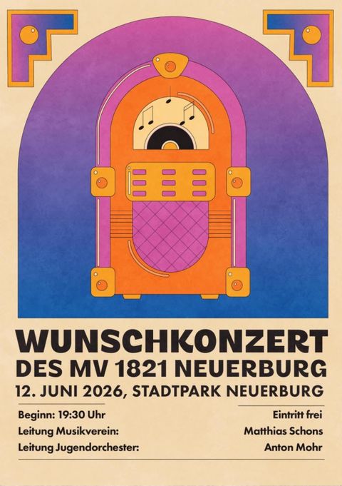 A poster for the annual concert of the music club Neuerauburg, taking place on November 23, 2024, in the town hall. The title of the concert is "On the High Seas" and admission is free.