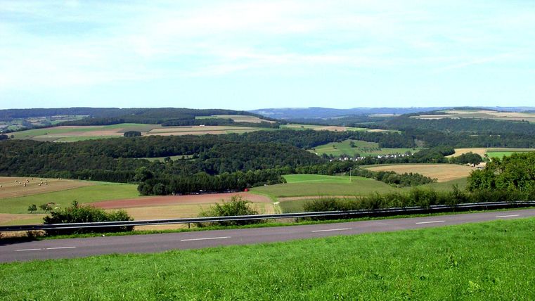 Eine weitläufige Landschaft mit sanften Hügeln und grünen Feldern. Der Himmel ist klar und blau, ideal für einen Ausblick.