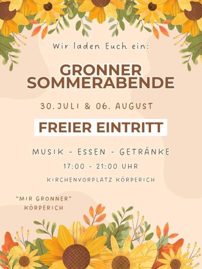 An inviting poster for the Gronner Summer Evenings. It displays the date, free entry, and information about music, food, and drinks.