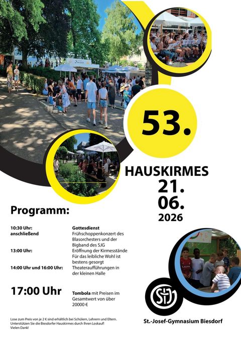 Ein Plakat zur 52. Biesdorfer Hauskirmes am 29. Juni 2025. Es zeigt Informationen zum Programm, einschließlich Gottesdienst und Tombola.