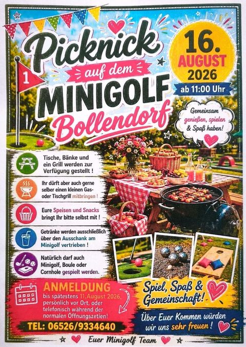Een gezellig picknickevenement in Bollendorf met tafels en zitplaatsen in de open lucht. Bezoekers kunnen genieten van hapjes en drankjes en een fijne dag doorbrengen.