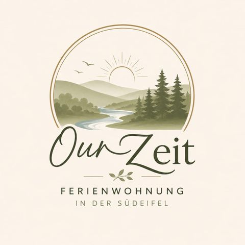 A stylish logo for a vacation rental called "Our Zeit." The design features a landscape with mountains, trees, and a river at sunrise.