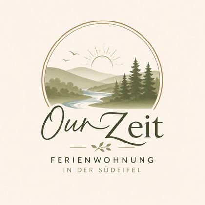 A stylish logo for a vacation rental called "Our Zeit." The design features a landscape with mountains, trees, and a river at sunrise.