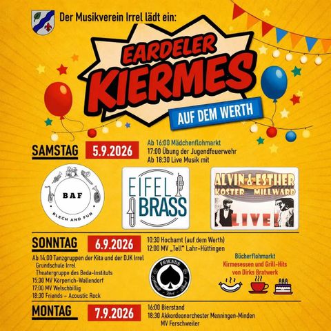 Een kleurrijke poster voor het dorpsfeest in Eardel met de data van de evenementen. Op de achtergrond zijn palmbomen en een prachtige zonsondergang te zien.