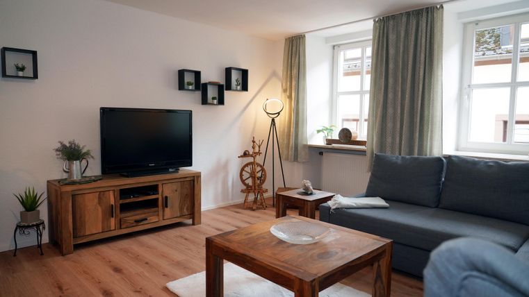 Ein moderner Wohnraum mit einem grauen Sofa, einem Holztisch und einem Fernseher. Der Fernseher hat einen HDMI-Anschluss für Ihr Entertainment-System (z.B. FireTV Stick, PlayStation, etc.).