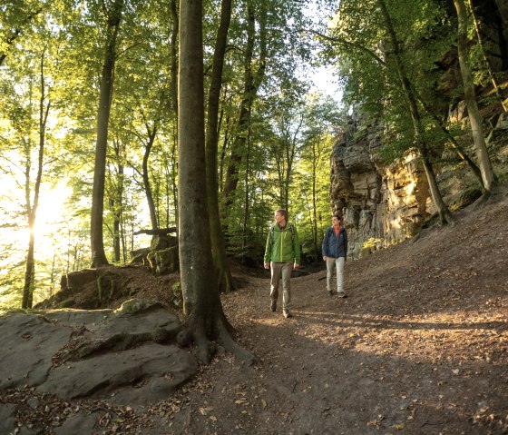 Two hikers are walking on a forest path along a rock face. The sun shines through the trees and bathes the scene in warm light., &copy; Dominik Ketz