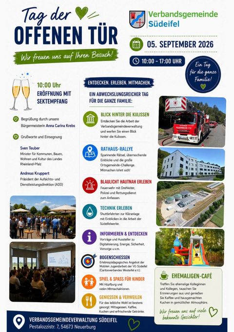 Ein bunter Flyer für den Tag der offenen Tür am 5. September 2026. Er bietet Informationen zu Veranstaltungen, Aktivitäten für die ganze Familie und dem geplanten Ablauf.