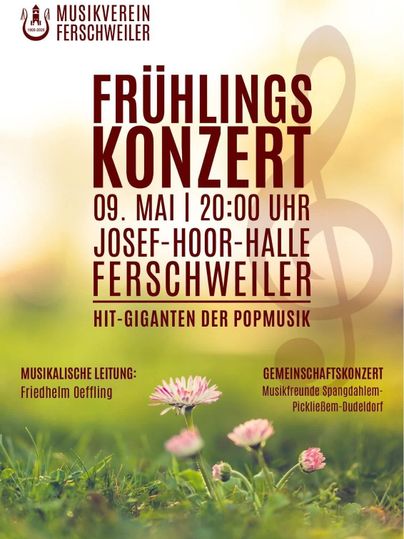 Ein Plakat für ein Frühlingskonzert mit dem Titel „Deutschland (ist schön)“. Veranstaltung am 13. Mai um 20:00 Uhr in der Josef-Hoor-Halle in Ferschweiler.