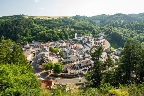 Eine malerische Stadt umgeben von grünen Hügeln und Wäldern. Die Häuser sind in verschiedenen Farben und Stilen angeordnet, was ein charmantes Bild ergibt.