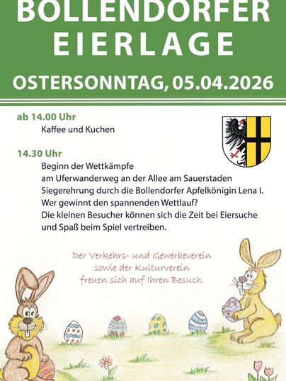 Eine Ankündigung für die Bollendorfer Eierlage am Ostersonntag, 20. April 2025. Die Veranstaltung umfasst Wettkämpfe, Kaffee und Kuchen sowie Spiele für Kinder.