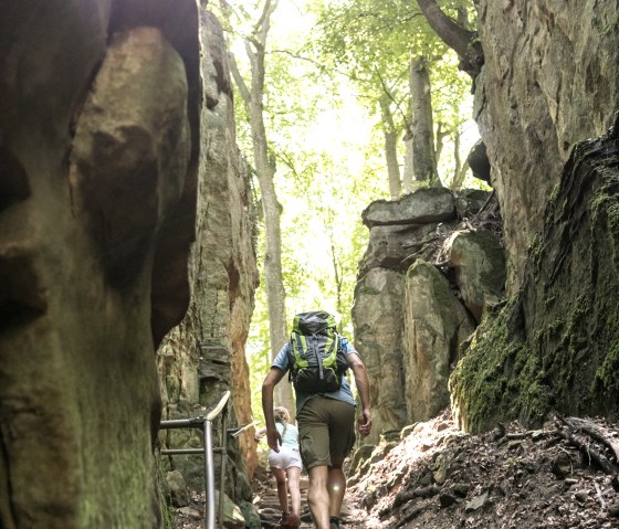 Two people hike through the Devil's Gorge, surrounded by high rocks and trees. Sunlight shines through the canopy., &copy; Dominik Ketz