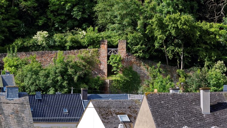 Eine grüne Hanglandschaft mit alten Mauerresten ist zu sehen. Die Dächer der umliegenden Häuser liegen im Vordergrund.