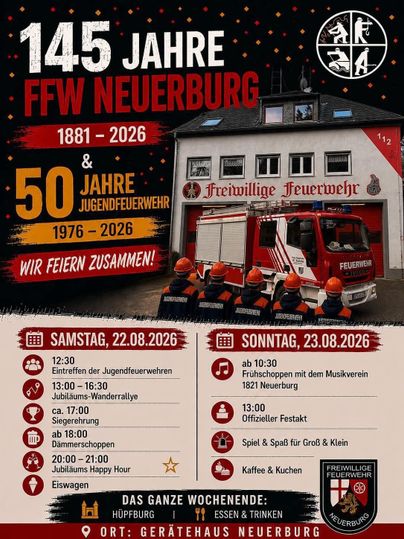 A poster celebrating the 145th anniversary of the volunteer fire department of Neuerburg and the 50th anniversary of the youth fire department. It displays details about the festivities on August 22 and 23, 2026.