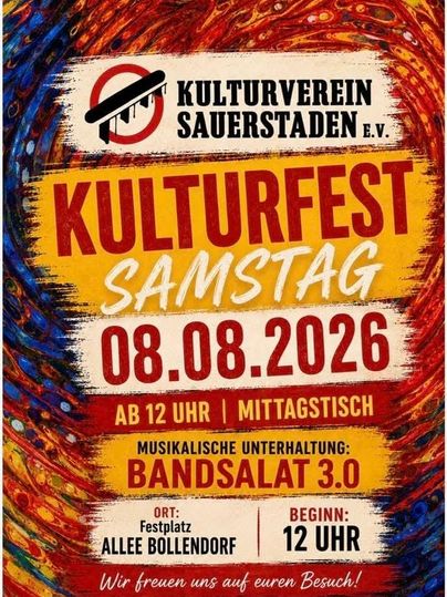 Une affiche colorée pour un festival culturel proposant diverses manifestations. Les dates et les activités sont clairement indiquées, notamment un concert de rock et un déjeuner.
