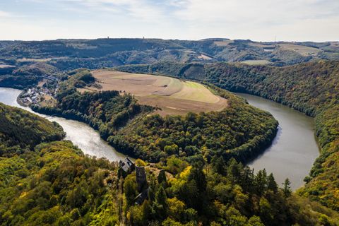 Eine malerische Landschaft mit sanften Hügeln und einem geschwungenen Fluss. Im Vordergrund ist eine alte Burgruine, umgeben von buntem Laubwald.