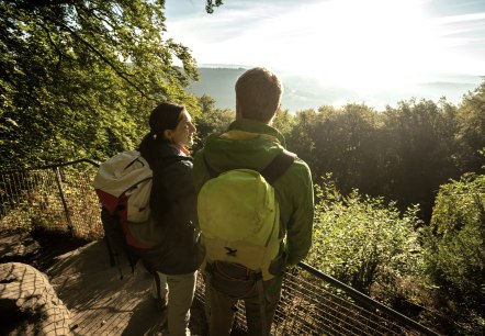 Two hikers with rucksacks stand at a railing and look out over the sunny, wooded landscape., &copy; Dominik Ketz