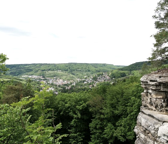 Vue du point de vue au-dessus du Teufelsloch sur Bollendorf, entour&eacute; de for&ecirc;ts et de collines verdoyantes, avec des rochers au premier plan., &copy; Elke Wagner, Felsenland S&uuml;deifel Tourismus GmbH