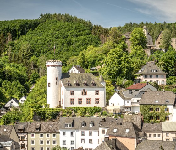 Burg Neuerburg thront &uuml;ber einer Stadt mit historischen H&auml;usern, umgeben von &uuml;ppigen gr&uuml;nen W&auml;ldern unter blauem Himmel., &copy; Eifel Tourismus GmbH, Dominik Ketz