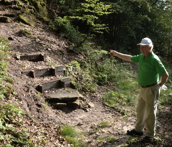 Ein Mann in grüner Kleidung und weißer Kappe zeigt auf einen Waldweg mit Holzstufen. Die Umgebung ist bewaldet und sonnig., © Lauschtour.de