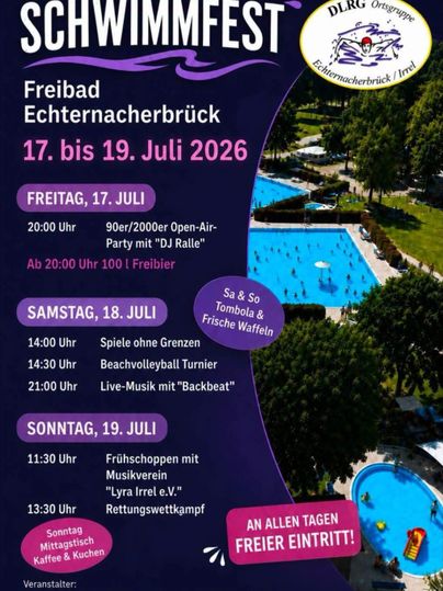 A poster for the swimming festival at the Echternacherbrück outdoor pool from July 18 to 20, 2025. It contains information about various events such as parties, water courses, and live music.