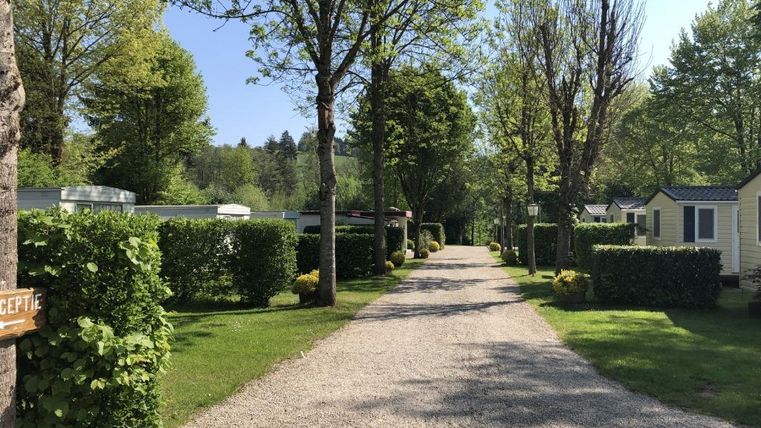 Ein ruhiger Weg mit Kies, umgeben von Bäumen und Sträuchern. Auf beiden Seiten stehen gemütliche Unterkünfte in einer grünen Landschaft.