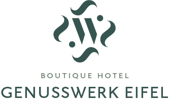 Ein elegantes Logo des Boutique Hotels Genusswerk Eifel. Stilvolles Design mit klaren Linien und sanften Farben.