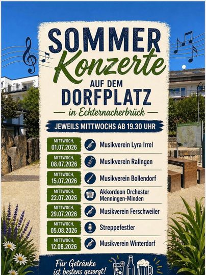 Une affiche pour les concerts d'été à Echternacherbrück. Elle présente les dates et les associations musicales participantes, ainsi que des informations sur l'événement.