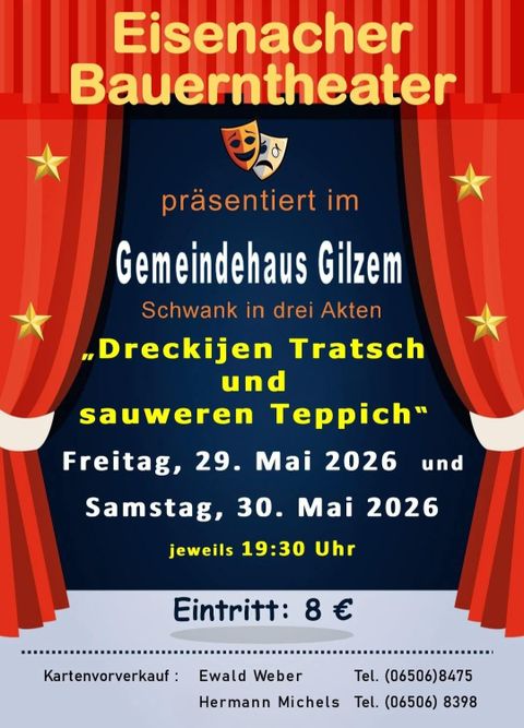 A poster for the Eisenach Farmers' Theater announcing an event at the community center in Gilzem. The performance "Eisenach Searches for the Superstar" takes place on May 26 and 27, 2023.