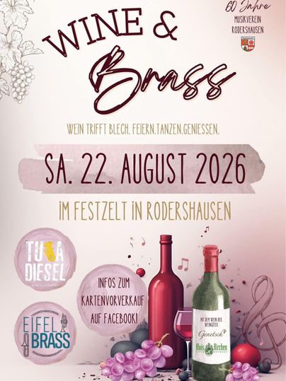 Ein Plakat für die Veranstaltung "Wine & Brass" in Rodershausen. Es zeigt Details zum Datum, Ort und bietet Informationen zum Kartenverkauf.