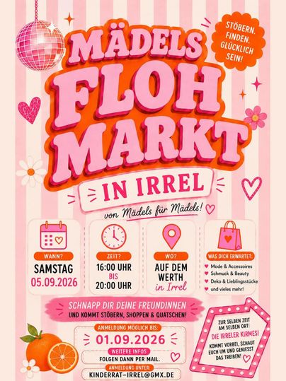 A cheerful poster for a girls' flea market in Irrel. The market takes place on September 5, 2026, from 4:00 p.m. to 8:00 p.m.