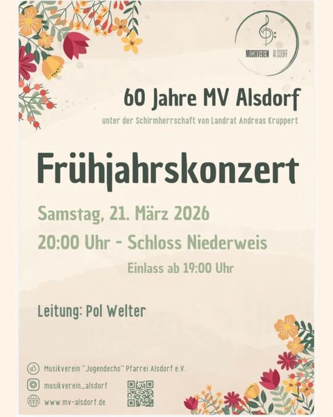 Ein Plakat für das Frühjahrskonzert des Musikvereins Alsdorf zum 60-jährigen Jubiläum. Es findet am 5. April 2025 im Schloss Niederweis statt, geleitet von Pol Welter.