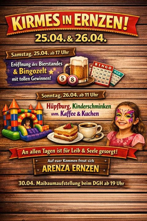 Ein Plakat für die Ernzener Kirmes 2025 mit Informationen zu Veranstaltungen und Aktivitäten. Es zeigt ein fröhliches Design mit einem bunten Hintergrund und Illustrationen.