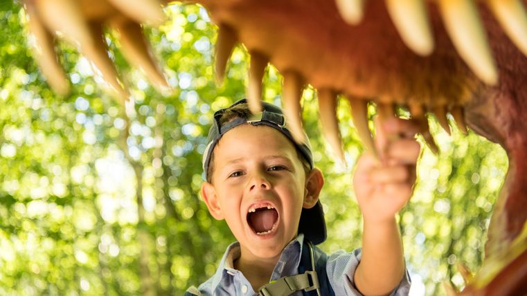 Ein Junge steht unter einem Dinosauriermodell mit geöffnetem Maul und zeigt auf die Zähne. Im Hintergrund sind Bäume zu sehen.