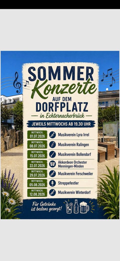 Une affiche pour les concerts d'été à Echternacherbrück. Elle présente les dates et les associations musicales participantes, ainsi que des informations sur l'événement.